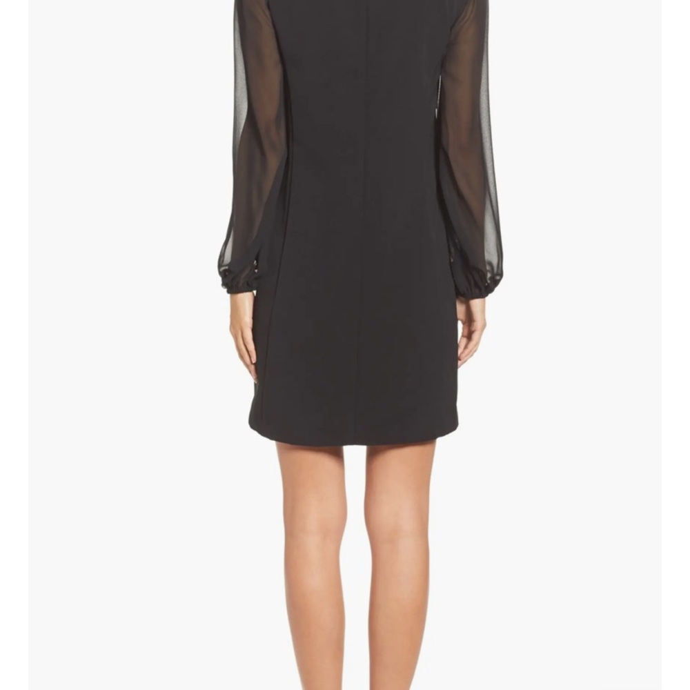 Little Black Dress, Sheer Sleeve Shift Dress with lace neck line, Cocktail Dress - Picture 4 of 13